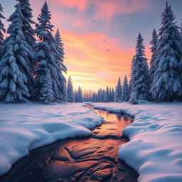 A majestic winter landscape featuring a serene snow-covered forest at sunrise, with soft pink and orange hues illuminating the sky