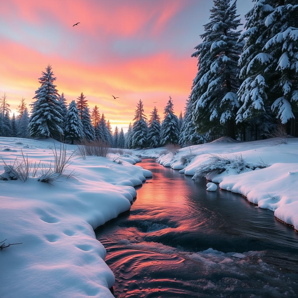 A majestic winter landscape featuring a serene snow-covered forest at sunrise, with soft pink and orange hues illuminating the sky