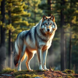 A stunning, high-definition photograph of a majestic wolf standing proudly in a natural forest setting