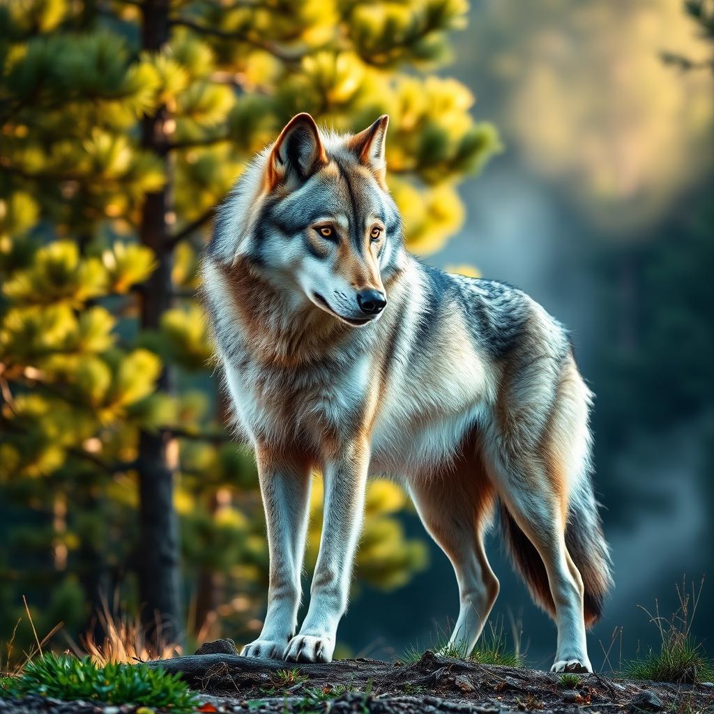 A stunning, high-definition photograph of a majestic wolf standing proudly in a natural forest setting