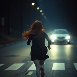 A mysterious red-haired girl running across the road, her face not visible, giving an enigmatic vibe
