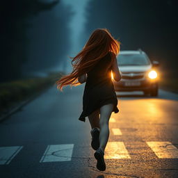 A mysterious red-haired girl running across the road, her face not visible, giving an enigmatic vibe