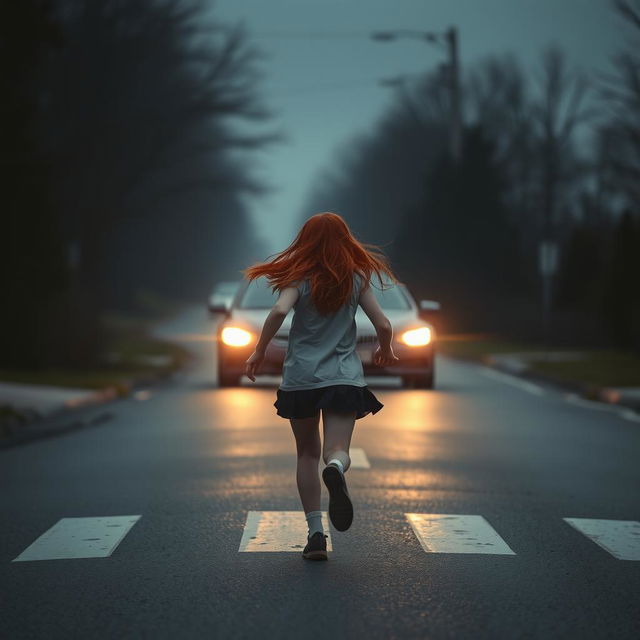 A mysterious red-haired girl running across the road, her face not visible, giving an enigmatic vibe