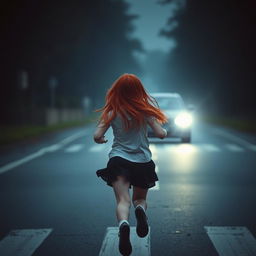 A mysterious red-haired girl running across the road, her face not visible, giving an enigmatic vibe