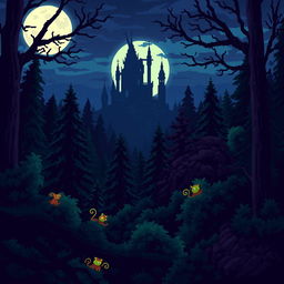 A captivating pixel art scene featuring a dark, enchanting forest with towering trees and thick underbrush