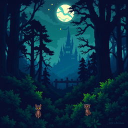 A captivating pixel art scene featuring a dark, enchanting forest with towering trees and thick underbrush