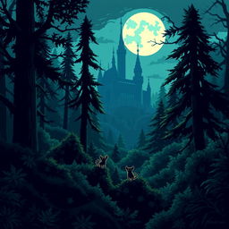 A captivating pixel art scene featuring a dark, enchanting forest with towering trees and thick underbrush