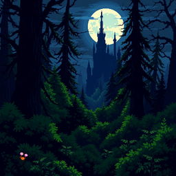 A captivating pixel art scene featuring a dark, enchanting forest with towering trees and thick underbrush