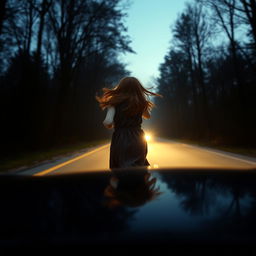 A mysterious red-haired girl, 17 years old, running away from the viewer across a road