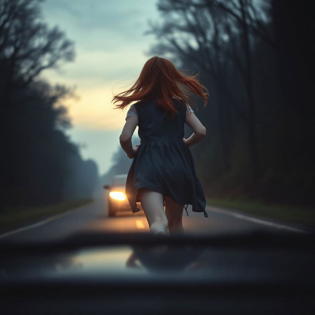 A mysterious red-haired girl, 17 years old, running away from the viewer across a road