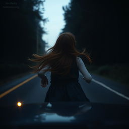 A mysterious red-haired girl, 17 years old, running away from the viewer across a road