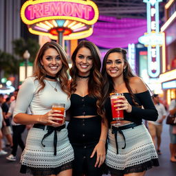 Three very cute ladies enjoying a girls night out on Fremont Street Experience, dressed in chic goth style skirts paired with stylish white tops