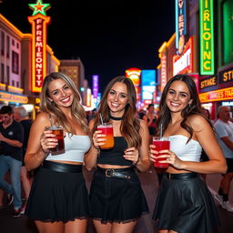 Three very cute ladies enjoying a girls night out on Fremont Street Experience, dressed in chic goth style skirts paired with stylish white tops