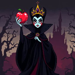 A striking pixel art depiction of an Evil Queen standing ominously, her dark, flowing robes contrasting with the vibrant colors of her kingdom