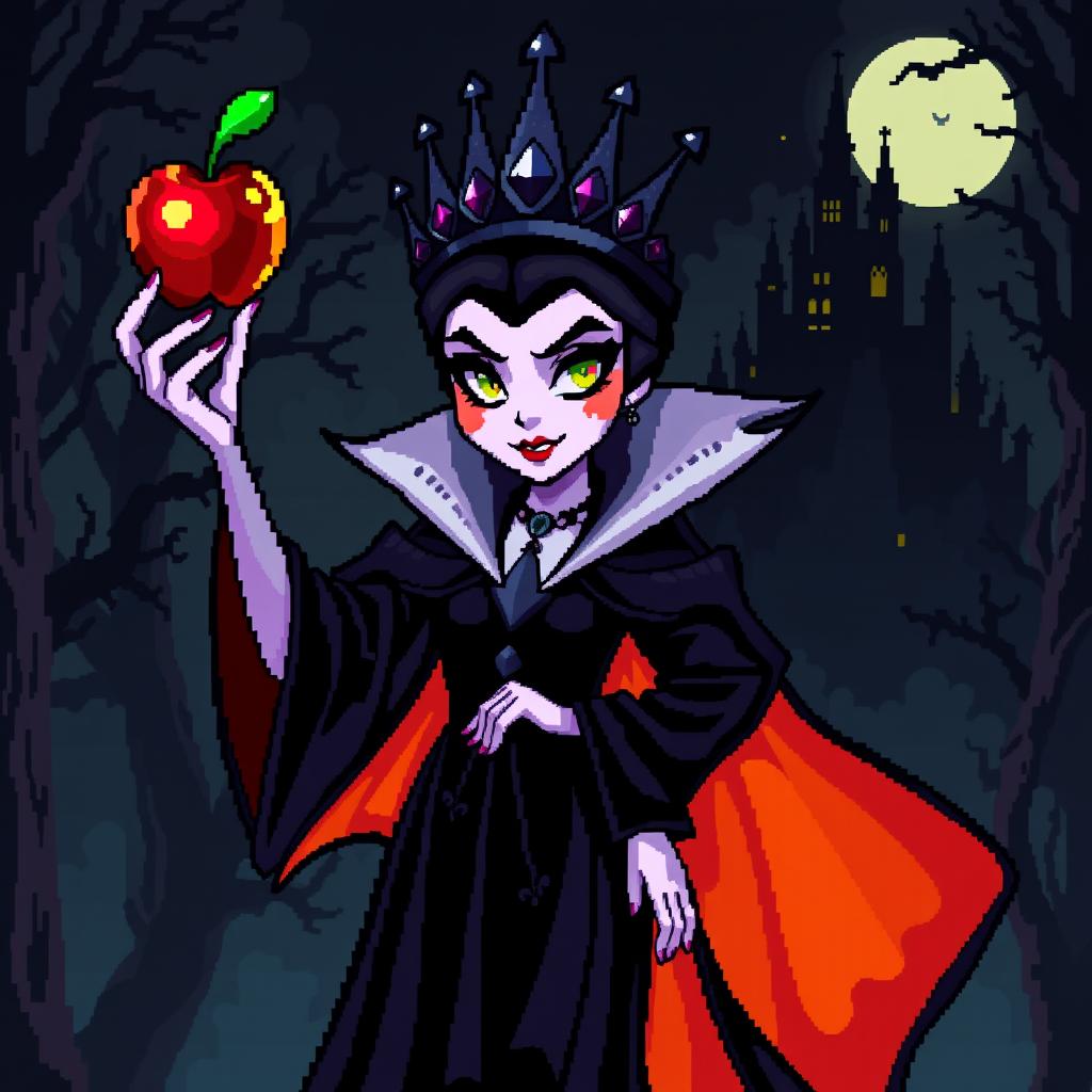 A striking pixel art depiction of an Evil Queen standing ominously, her dark, flowing robes contrasting with the vibrant colors of her kingdom