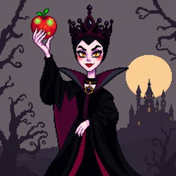 A striking pixel art depiction of an Evil Queen standing ominously, her dark, flowing robes contrasting with the vibrant colors of her kingdom