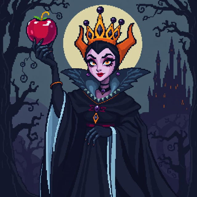 A striking pixel art depiction of an Evil Queen standing ominously, her dark, flowing robes contrasting with the vibrant colors of her kingdom