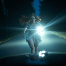 A mysterious girl with red hair, 17 years old, dressed in white clothing, running across a road away from the viewer