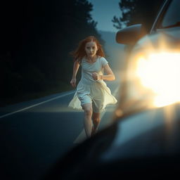 A mysterious girl with red hair, 17 years old, dressed in white clothing, running across a road away from the viewer