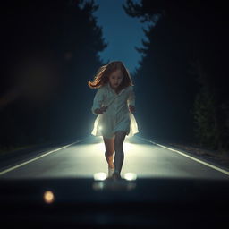 A mysterious girl with red hair, 17 years old, dressed in white clothing, running across a road away from the viewer