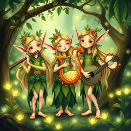 A vibrant and enchanting illustration of a fictional band called The Castellows, reimagined as three whimsical elves