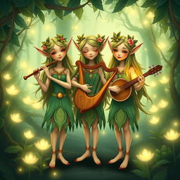 A vibrant and enchanting illustration of a fictional band called The Castellows, reimagined as three whimsical elves