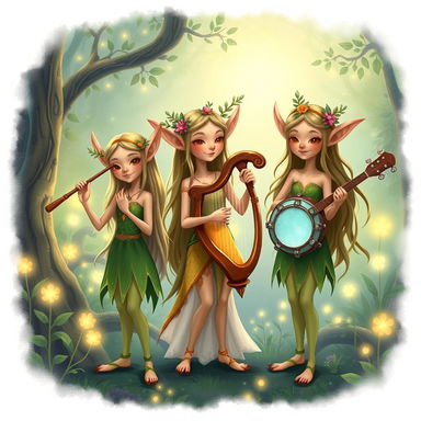 A vibrant and enchanting illustration of a fictional band called The Castellows, reimagined as three whimsical elves