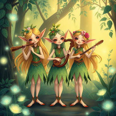 A vibrant and enchanting illustration of a fictional band called The Castellows, reimagined as three whimsical elves