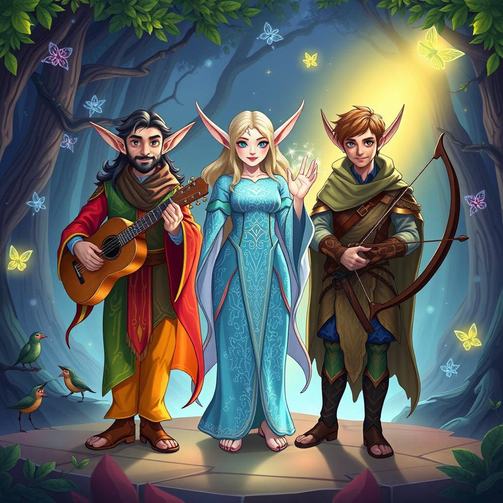 An imaginative illustration of The Castellows band, depicted as three elves inspired by Dungeons & Dragons 5E