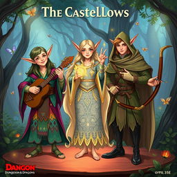An imaginative illustration of The Castellows band, depicted as three elves inspired by Dungeons & Dragons 5E