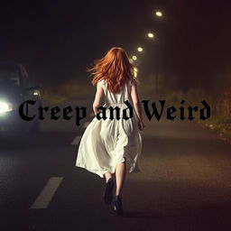 A mysterious red-haired girl, aged 17, running away from the camera towards the other side of the road wearing flowing white clothing