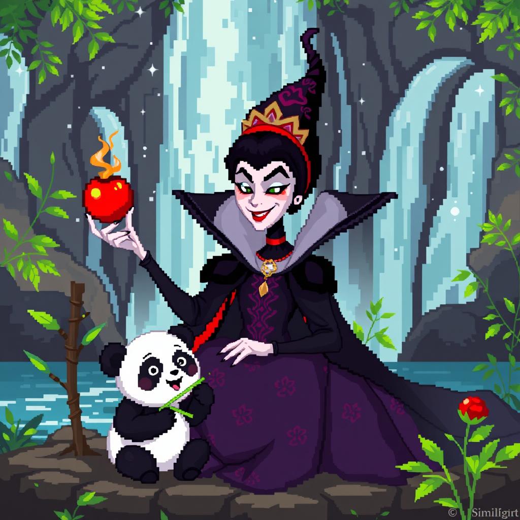 A whimsical pixel art scene featuring an Evil Queen sitting by a serene waterfall, holding a vividly colored poisoned apple in one hand