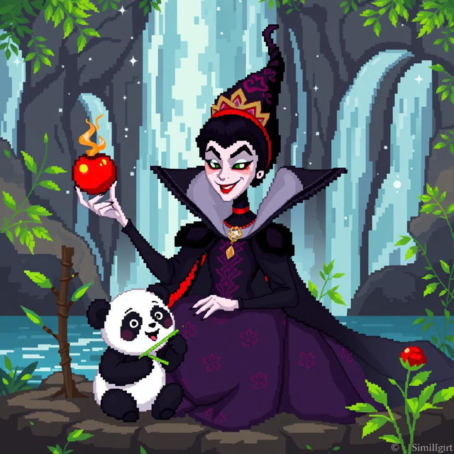 A whimsical pixel art scene featuring an Evil Queen sitting by a serene waterfall, holding a vividly colored poisoned apple in one hand