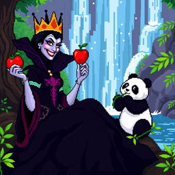 A whimsical pixel art scene featuring an Evil Queen sitting by a serene waterfall, holding a vividly colored poisoned apple in one hand