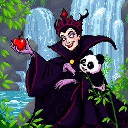 A whimsical pixel art scene featuring an Evil Queen sitting by a serene waterfall, holding a vividly colored poisoned apple in one hand