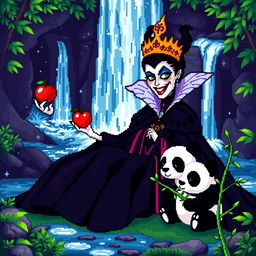 A whimsical pixel art scene featuring an Evil Queen sitting by a serene waterfall, holding a vividly colored poisoned apple in one hand