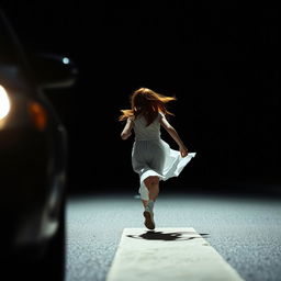 A mysterious red-haired girl, aged 17, running across the road towards the other side while wearing flowing white clothing