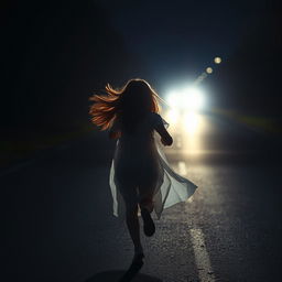 A mysterious red-haired girl, aged 17, running across the road towards the other side while wearing flowing white clothing