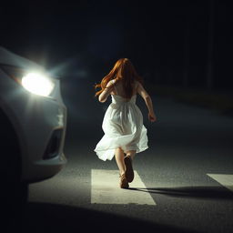 A mysterious red-haired girl, aged 17, running across the road towards the other side while wearing flowing white clothing