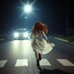 A mysterious red-haired girl, aged 17, running across the road towards the other side while wearing flowing white clothing