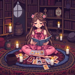 A charming pixel art scene depicting a girl sitting cross-legged on a colorful rug, deeply engrossed in reading tarot cards
