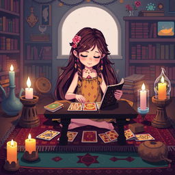 A charming pixel art scene depicting a girl sitting cross-legged on a colorful rug, deeply engrossed in reading tarot cards
