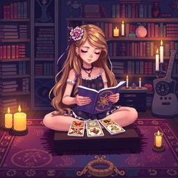 A charming pixel art scene depicting a girl sitting cross-legged on a colorful rug, deeply engrossed in reading tarot cards