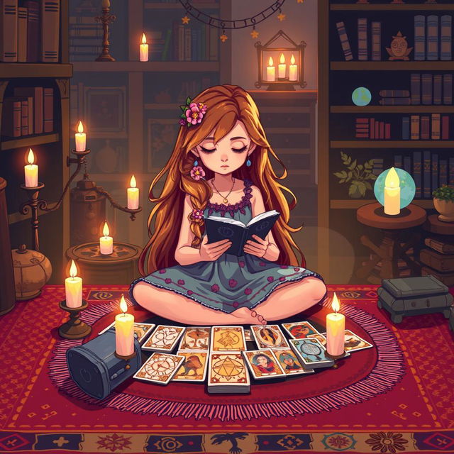 A charming pixel art scene depicting a girl sitting cross-legged on a colorful rug, deeply engrossed in reading tarot cards