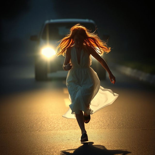 A mysterious red-haired girl, aged 17, wearing flowing white clothes, is running across the road