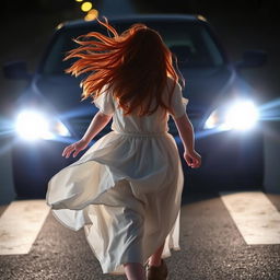 A mysterious red-haired girl, aged 17, wearing flowing white clothes, is running across the road