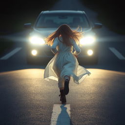 A mysterious red-haired girl, aged 17, wearing flowing white clothes, is running across the road