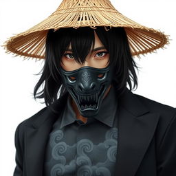 A 23-year-old Japanese man with medium-length jet-black hair that gracefully falls around his face