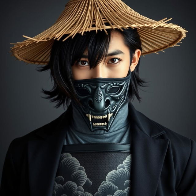 A 23-year-old Japanese man with medium-length jet-black hair that gracefully falls around his face