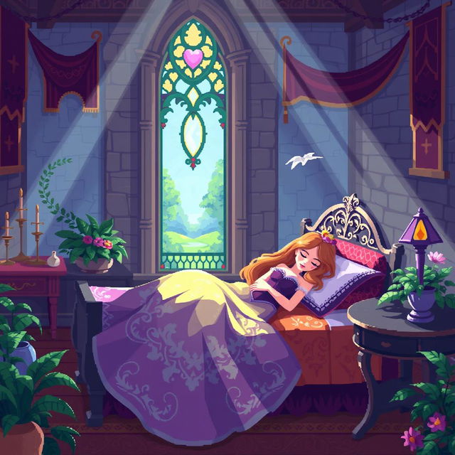 A charming pixel art scene of Sleeping Beauty peacefully sleeping in her enchanting castle